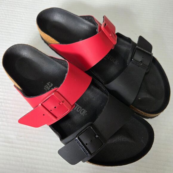 Birkenstock Men's Arizona Split Black/Poppy Red Birko Size 43 Sandals Slides - Picture 1 of 11